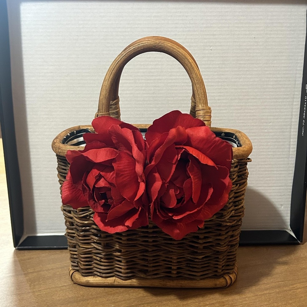Gretchen Scott Top Handle Bag Womens Small Brown Wicker Red Floral Purse *SPOTS*